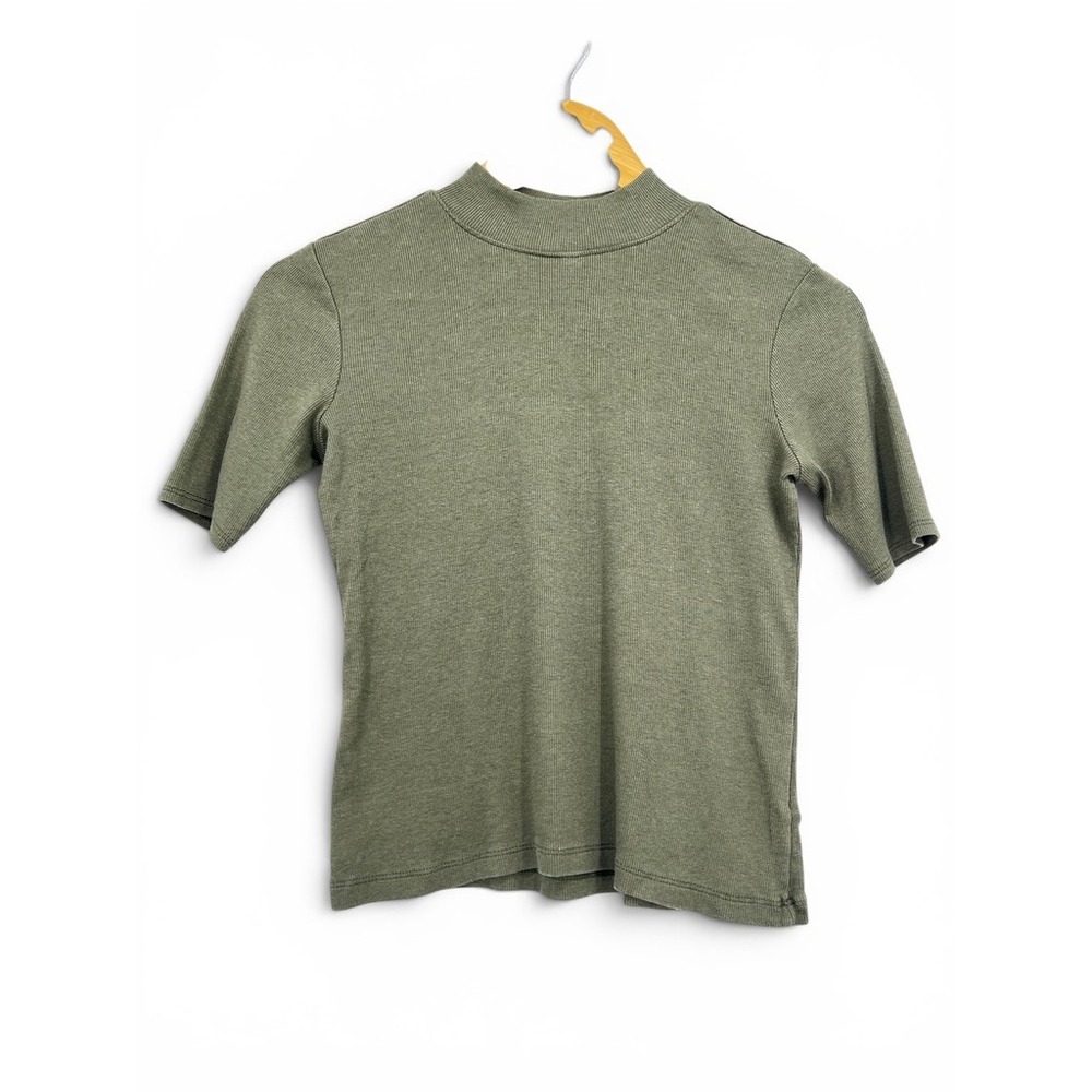 Joie Womens Olive‎ Green Ribbed Mock Neck Short Sleeve Pima Cotton Modal Top XS